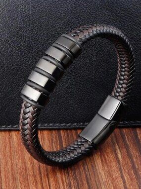 Men's Fashion Leather Wrap Braided Bracelet Bangle Titanium Steel Magnetic Clasp